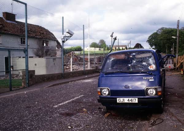 The bullet riddled van in which eight IRA men were shot dead by the SAS outside Loughgall RUC station in 1987. Their relatives are suing for a legacy inqest to be held into the deaths. Picture by Pacemaker