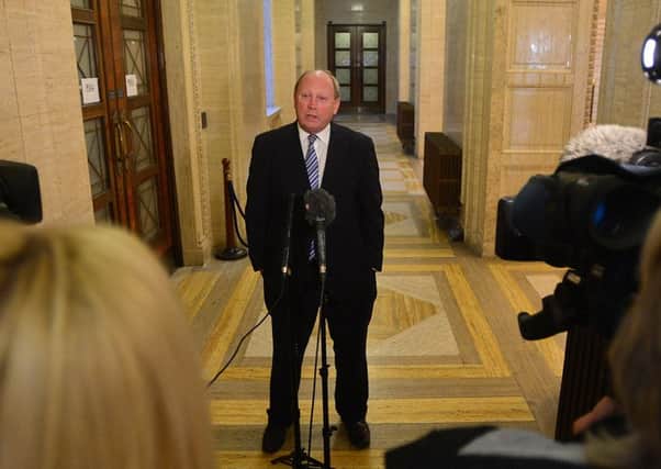 Jim Allister speaks to the media at Stormont yesterday after accusing the DUP of a humiliating climbdown on funding for the Liofa scheme