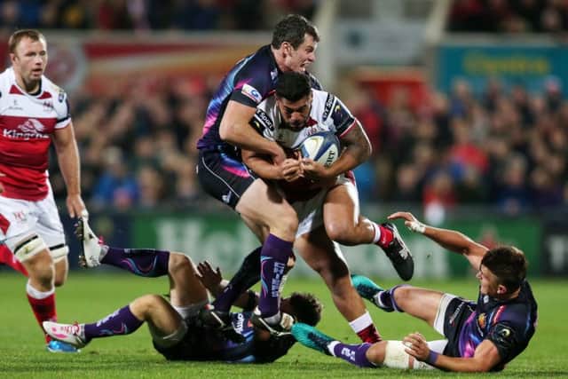 Ulster's Charles Piutau is tackled by the Exeter Chiefs' and former Ulster player Ian Whitten during the game in Belfast when the sides last met in October