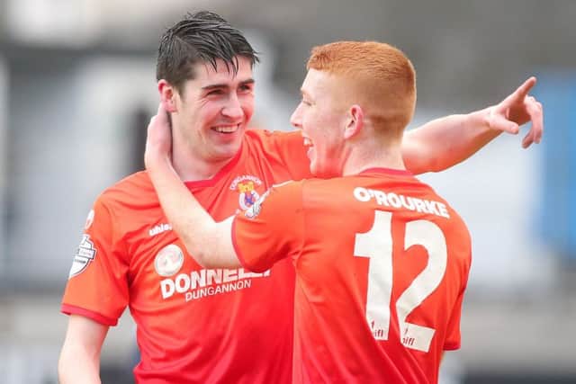Dungannon's Kris Lowe(left) celebrates after he score to make it 0-1. 

Picture by Jonathan Porter/PressEye.com