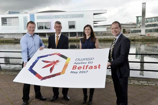 OWASP Belfast co-founder Gary Robinson pictured with  Invest NIs Peter Harbinson, OWASP co-founder Michelle Simpson and Laurie Scott of Visit Belfast