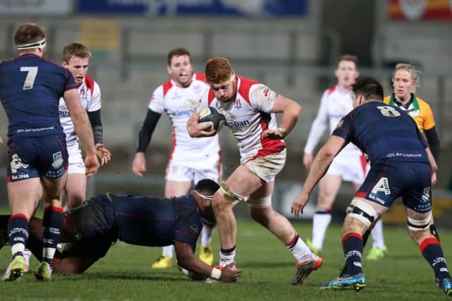 Ulster's Conor Joyce is tackled by Dan Koroi of London Scottish