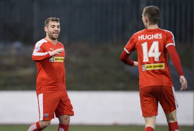 Cliftonville's Davy McDaid celebrates during today's game at Solitude in Belfast.
Photo Mark Marlow/Pacemaker Press