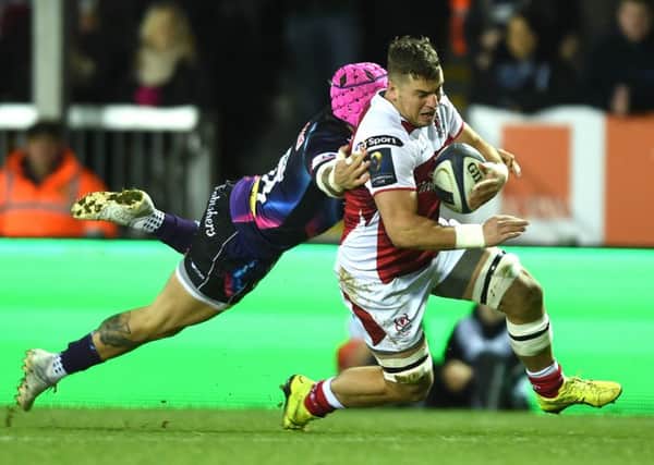 Sean Reidy of Ulster beats Jack Nowell of Exeter to score try.