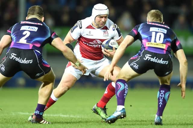 Rory Best of Ulster takes on Luke Cowan-Dickie and Gareth Steenson of Exeter.
