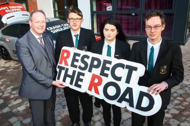 Students from Nendrum College, Comber and the Chairperson of the Stormont Committee responsible for road safety have taken part in a hi-tech road safety initiative organised by Autoline Insurance.  Pictured with a specially modified car-crash simulator which helps recreate a real life incident are William Humphrey MLA, Chairperson of the Infrastructure Committee and Yr 12 pupils Rory Smyth, Chloe Thompson and Matthew Taylor.