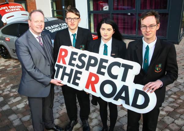 Students from Nendrum College, Comber and the Chairperson of the Stormont Committee responsible for road safety have taken part in a hi-tech road safety initiative organised by Autoline Insurance.  Pictured with a specially modified car-crash simulator which helps recreate a real life incident are William Humphrey MLA, Chairperson of the Infrastructure Committee and Yr 12 pupils Rory Smyth, Chloe Thompson and Matthew Taylor.