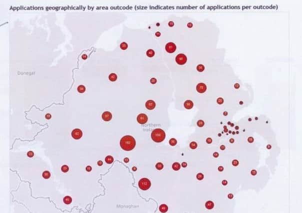 A map, obtained from the BBC, showing the locations of RHI claims by postcode
