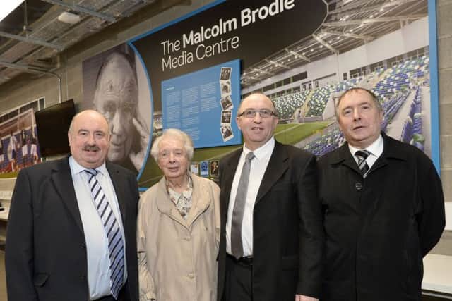 Family members of the late Malcolm Brodie gathered at the National Stadium to unveil a memorial in honour of Malcolm Brodie.
 Margaret Brodie is pictured with sons Iain, Steven and Kenneth at today's ceremony.
 Photograph by Stephen Hamilton/Presseye.