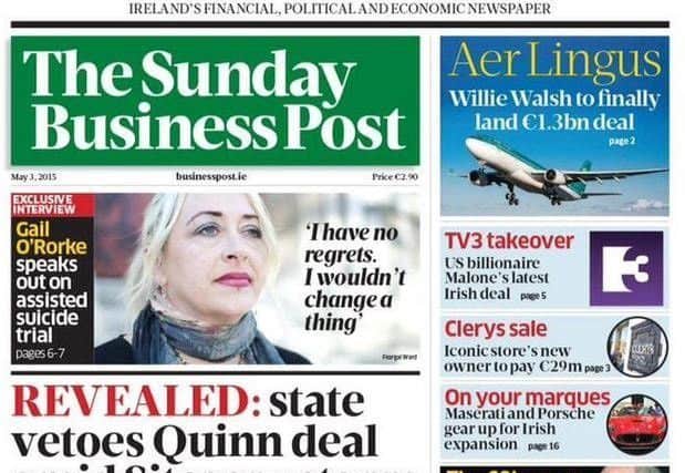 Front page of a 2015 Sunday Business Post
