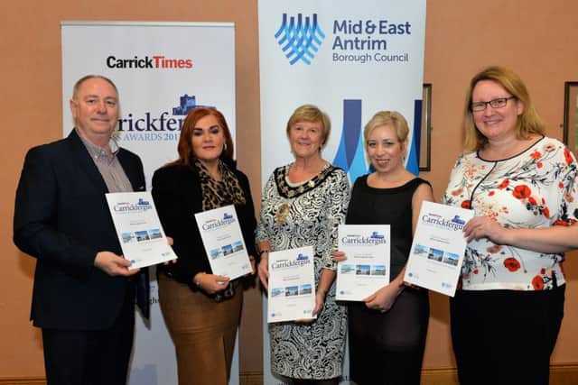 Pictured at the launch of the Carrick Times Business Awards 2017 in the Dobbs Room in the Town Hall are (L to R) Dessie Blackadder Content Editor, Anne Donaghy CEO of Mid and East Antrim Borough Council, Audrey Wales Mayor of Mid and East Antrim Borough Council, Valerie Martin Group Editor and Andrena O`Prey Times Series. INCT 04-001-PSB