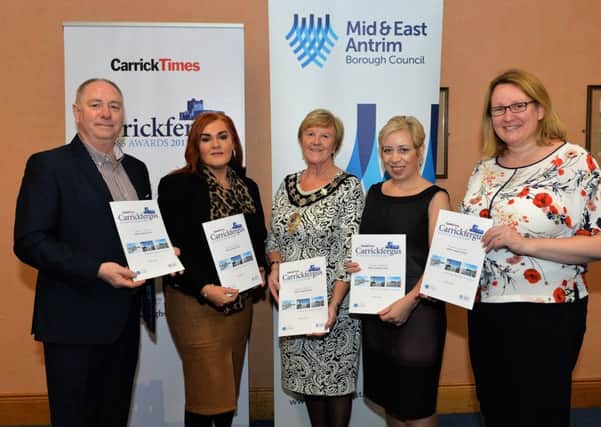 Pictured at the launch of the Carrick Times Business Awards 2017 in the Dobbs Room in the Town Hall are (L to R) Dessie Blackadder Content Editor, Anne Donaghy CEO of Mid and East Antrim Borough Council, Audrey Wales Mayor of Mid and East Antrim Borough Council, Valerie Martin Group Editor and Andrena O`Prey Times Series. INCT 04-001-PSB