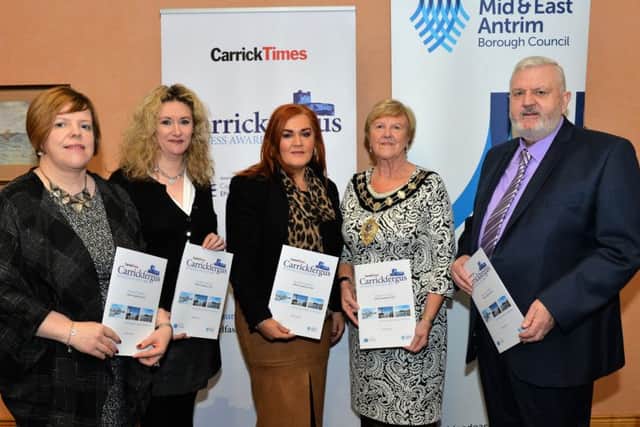 Pictured at the launch of the Carrick Times and Mid and East Antrim Borough Council, Carrickfergus Business Awards 2017 are (L to R) Kelli Bagchus from Carrickfergus Enterprise, Grace Clements from the Times Series, Anne Donaghy CEO of Mid and East Antrim Borough Council, Audrey Wales Mayor of Mid and East Antrim Borough Council and Bill Adamson from Carrickfergus Enterprise. INCT 04-003-PSB
