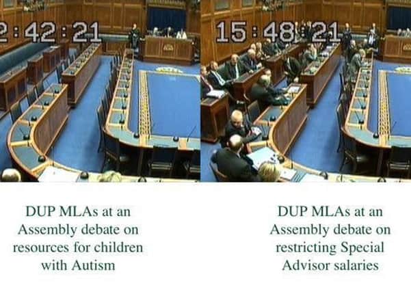 DUP boycotted a debate on children with autism in October 2015 (left) but attended another debate to stop a Spads Bill (right)