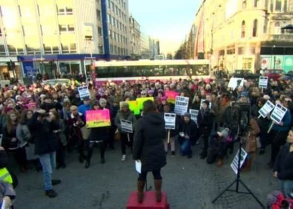 Anti-Trump protest by women in Belfast city centre on Saturday. Picture from BBC