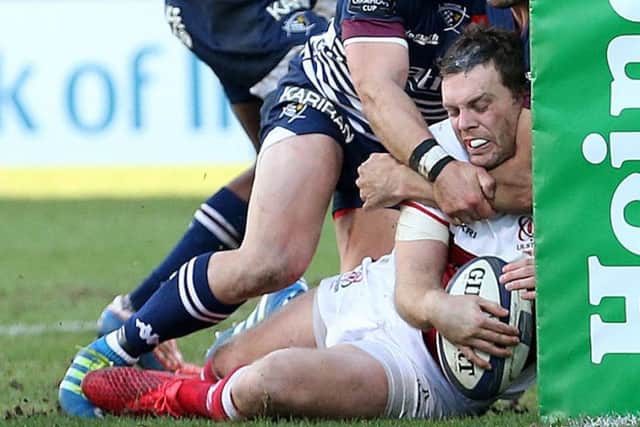 Ulster's Darren Cave scores a try against Bordeaux Begles