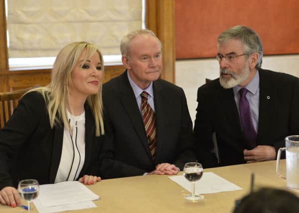 Sinn FÃ©in MLA Michelle ONeill pictured at Stormont as she is announced as the new leader of the party in the north, pictured with Martin McGuinness, and Gerry Adams. Pic: Presseye/Cameron  Hamilton