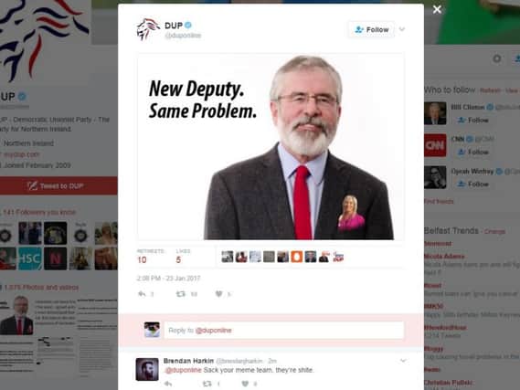The DUP tweet, issued shortly after Michelle O'Neill was announced as Sinn Fein's new leader in Northern Ireland.