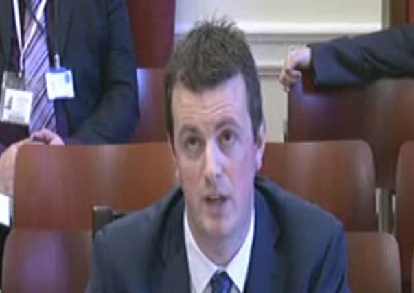 Stephen Brimstone giving evidence at a Stormont committee before he resigned