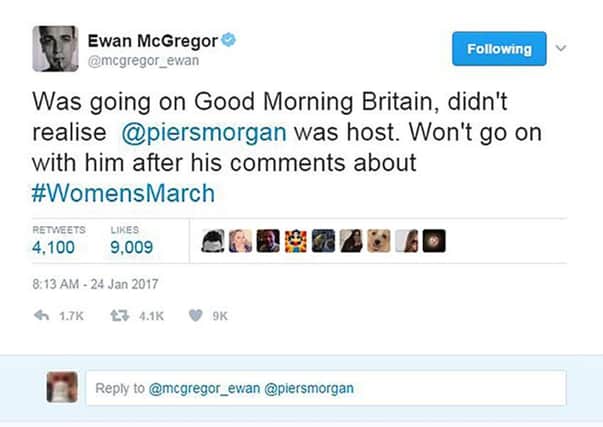 Screen grabbed image taken from the Twitter page of Ewan McGregor, who refused to appear on Good Morning Britain because of host Piers Morgan's comments about the women's marches.