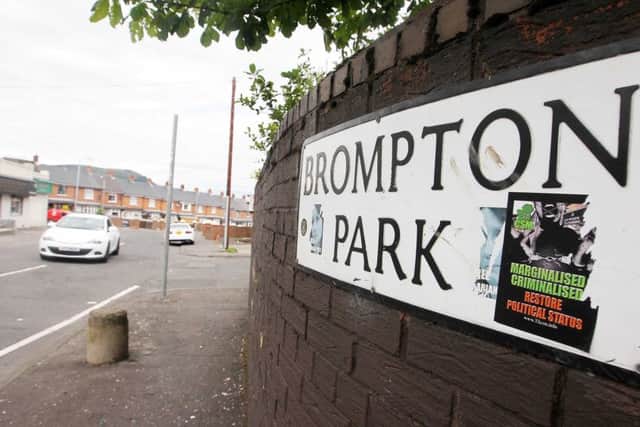 A picture showing a dissident flyer, taken the day after a gun attack on police at Brompton Park on August 5, 2013. The street leads into the republican-dominated Ardoyne district, just up the hill from the petrol station pictured above.