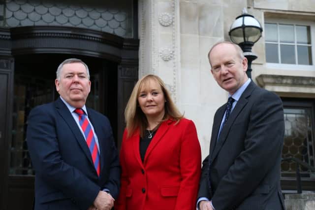Agriculture, Environment and Rural Affairs Minister Michelle McIlveen has announced the re-appointment of Colm McKenna (left) as Chair of the Agri-Food and Biosciences Institute (AFBI).  They are joined by Dr Sinclair Mayne, AFBI Chief Executive.