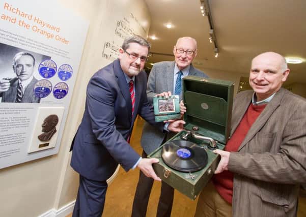 Pictured at the unveiling of the Richard Hayward artwork at the Museum of Orange Heritage are (from left) curator Dr Jonathan Mattison, sculptor Charles Ludlow and author Paul Clements