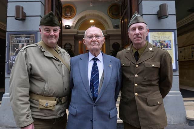 From L-R Mike Gilmore, Bill Eames and Alan Hamilton at the Ulster Hall event to mark the 75th anniversary of US Troops coming to Northern Ireland. 
Pic Colm Lenaghan/Pacemaker