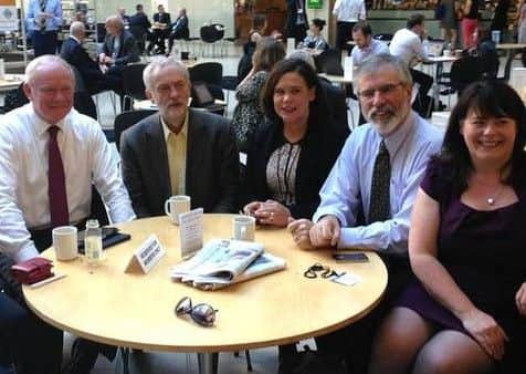 Labour's then leadership frontrunner Jeremy Corbyn, with various Sinn Fein politicians Martin McGuinness, Mary Lou McDonald, Gerry Adams and Michelle Gildernew at Portcullis House, Westminster in 2015