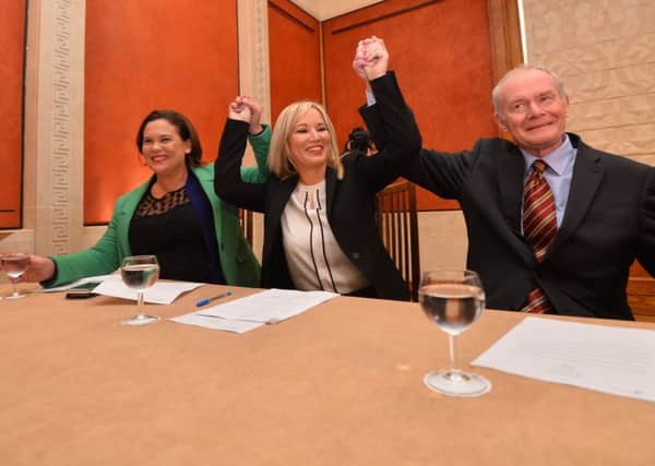 Pacemaker Press 23/1/2017  Michelle O'Neill is announced as Sinn Fein's new northern leader by senior members Martin McGuinness and Mary Lou McDonald at  Stormont. Michelle O'Neill is to replace Martin McGuinness as its leader north of the border. Pic Colm Lenaghan/Pacemaker