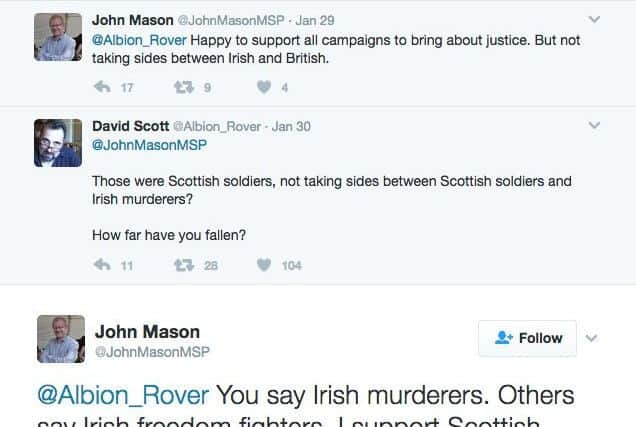 SNP MSP John Mason caused outrage with his comments on Twitter about the murder of three Scottish soldiers in Belfast in 1971.