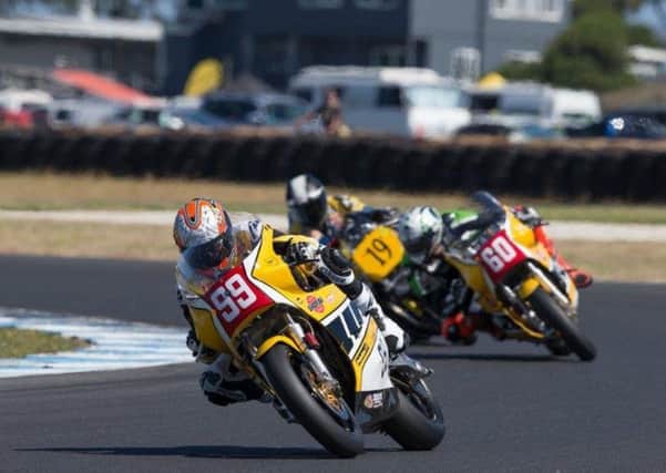 Jeremy McWilliams on the Harris Yamaha at the Phillip Island Classic meeting.