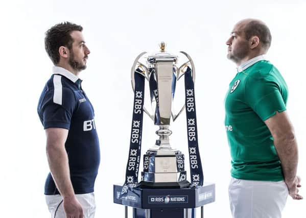 Scotland captain Greg Laidlaw and Ireland captain Rory Best with the RBS 6 Nations trophy ahead of Saturday's game in BT Murrayfield, Edinburg
