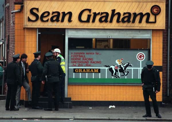 The scene of the 1992 attack on a south Belfast bookmakers that left five Catholics dead.