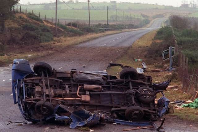 Remains of the van in which seven Protestant workmen were killed in an IRA landmine explosion in 1992