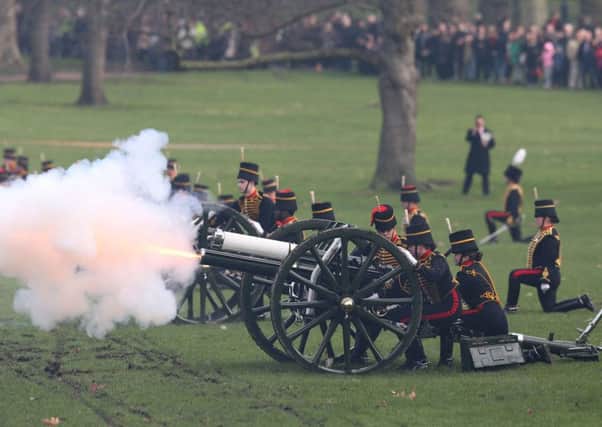 Members of the King's Troop Royal Horse Artillery stage a 41-Gun salute in Green Park, central London