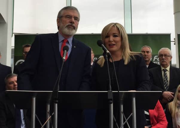 Michelle ONeill with Sinn Fein president Gerry Adams at the Waterfront Hall launch in Belfast