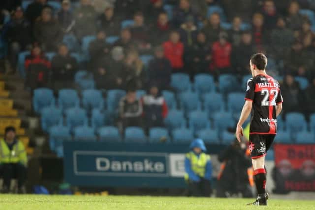 Crusaders Paul Heatley trudges off after being shown a first half red card at the Ballymena Showgrounds.

(Photo: Matt Mackey / Press Eye)