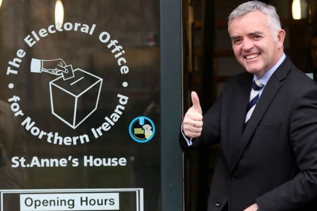 Former DUP minister Jonathan Bell arrives at the Electoral Office in Belfast to submit papers to stand as an independent in the forthcoming Assembly election. Photo: Matt Mackey / Press Eye