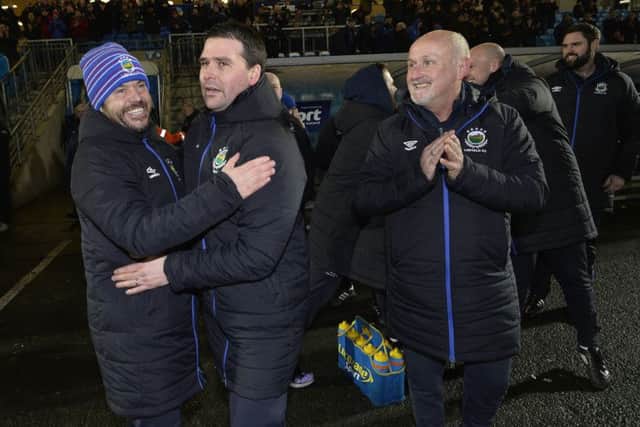 Celebration time for David Healy (second left) at the County Antrim Shield final. Pic by PressEye Ltd.