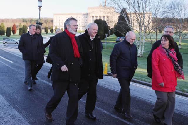 The Sinn Fein delegation after talks at Stormont House in Belfast in December 2014. The party will seek fresh negotiations and present fresh demands after the election results in March 2017, says Lord Empey