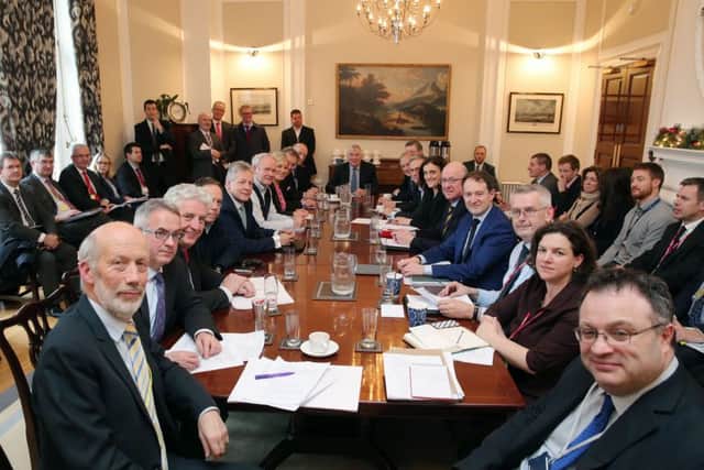 The last few minutes of the talks with Northern Ireland parties at Stormont House, Belfast in December 2014  hosted by the Secretary of State for Northern Ireland Theresa Villiers
. Picture by Kelvin Boyes/Press Eye