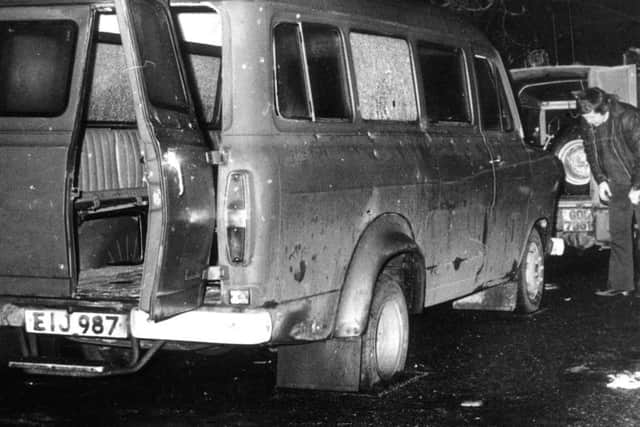 File photo dated 05/01/76 of the bullet riddled minibus in South Armagh where 10 protestant workmen were shot dead by IRA terrorists. A man whose palm print was allegedly found on a suspected getaway vehicle used in the Kingsmill massacre will not be prosecuted