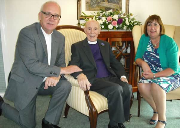 Former First Portadown Presbyterian minister Dr William Craig (95) with Moderator Dr Rob Craig and Mrs Karen Craig.