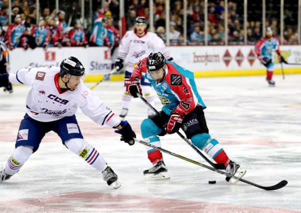 Belfast Giants' Steve Saviano with Dundee Stars' Kevin Hart during Friday nights Elite Ice Hockey League game at the SSE Arena, Belfast.