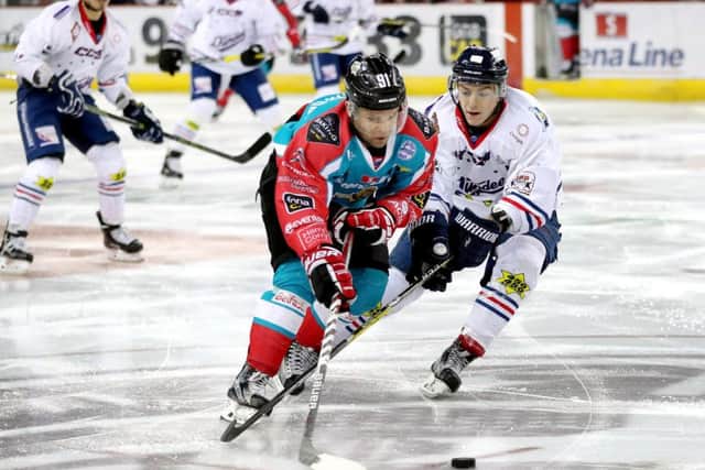 Belfast Giants' David Rutherford with Dundee Stars' Craig Moore during Friday nights Elite Ice Hockey League game at the SSE Arena, Belfast.