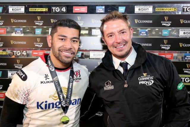 Ulster's Charles Piutau receives the Guinness PRO12 man of the match from Jim Conlin of Guinness