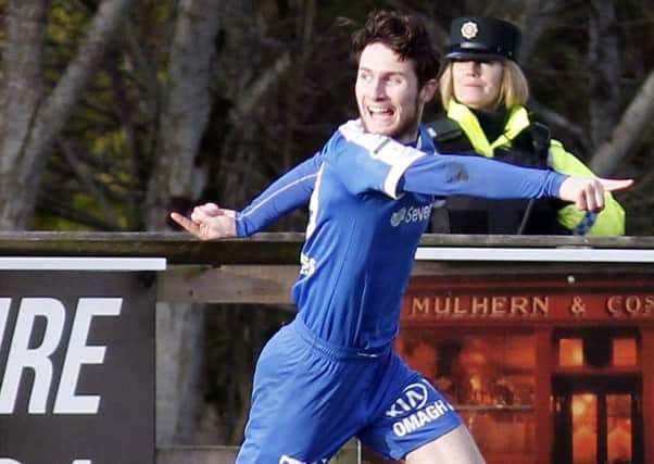 Ryan Mayse celebrates his goal for Ballinamallard United against Cliftonville. Pic by Pacemaker.