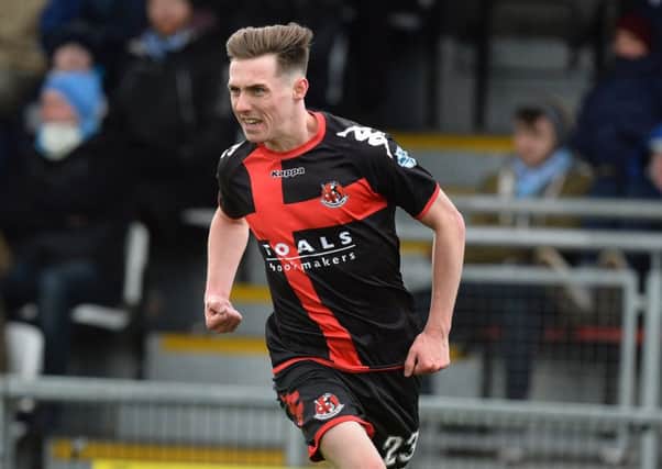 Gavin Whyte celebrates finding the net for Crusaders against Ballymena United. Pic by Pacemaker.