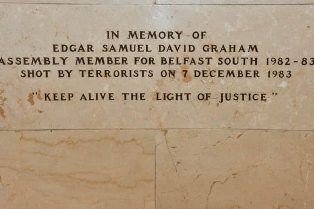 A plaque for Edgar Graham in Stormont Buildings. Photo: Kirth Ferris /  Pacemaker Press